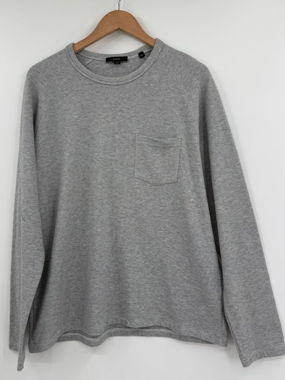Vince Men's Striped Raglan Crew Neck Pocket Long Sleeve | Grey/White Stripe | XL